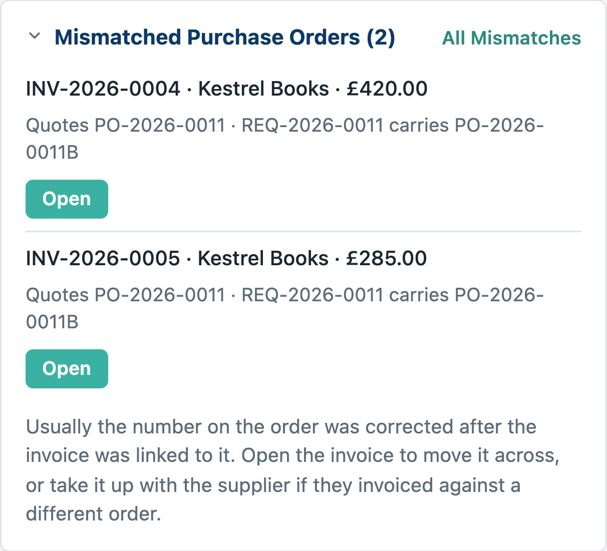 Two invoices from Kestrel Books flagged because they quote PO-2026-0011, while the requisition now carries PO-2026-0011B.